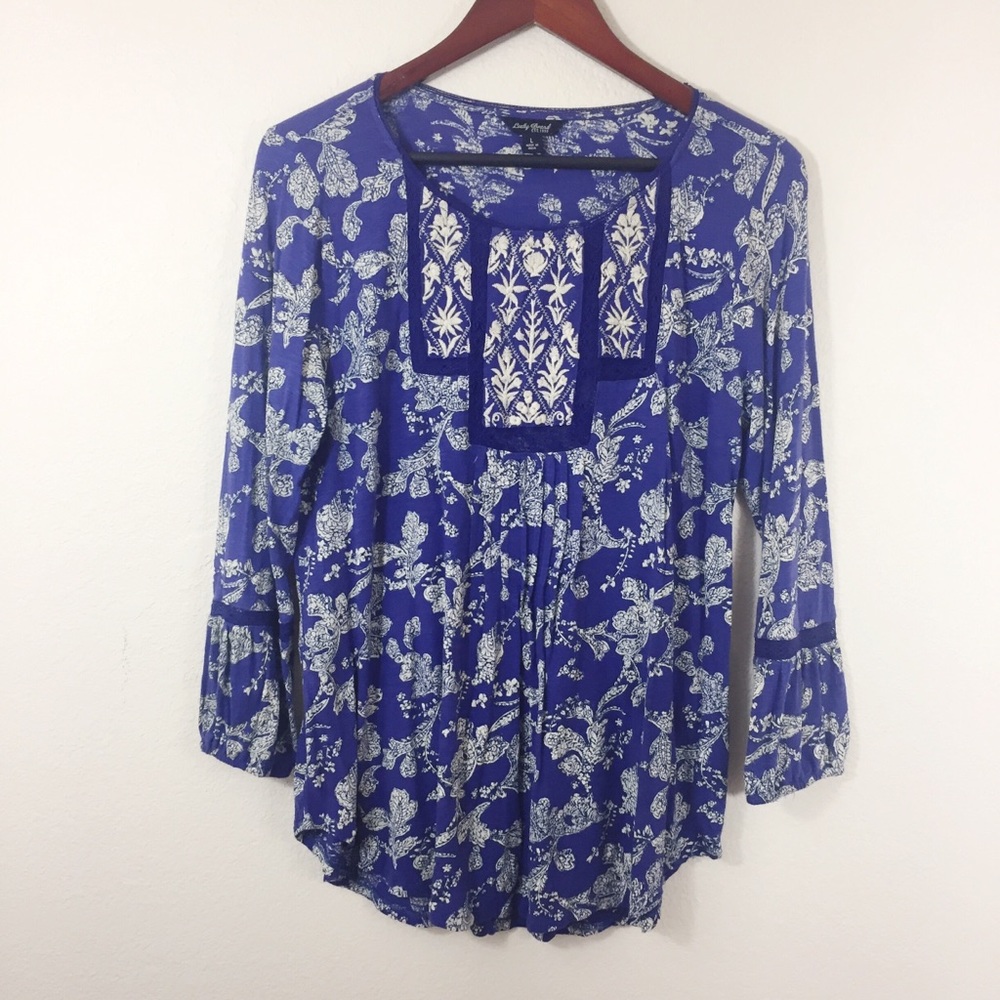 Lucky Brand Blue Blouse Plant Print Size L
